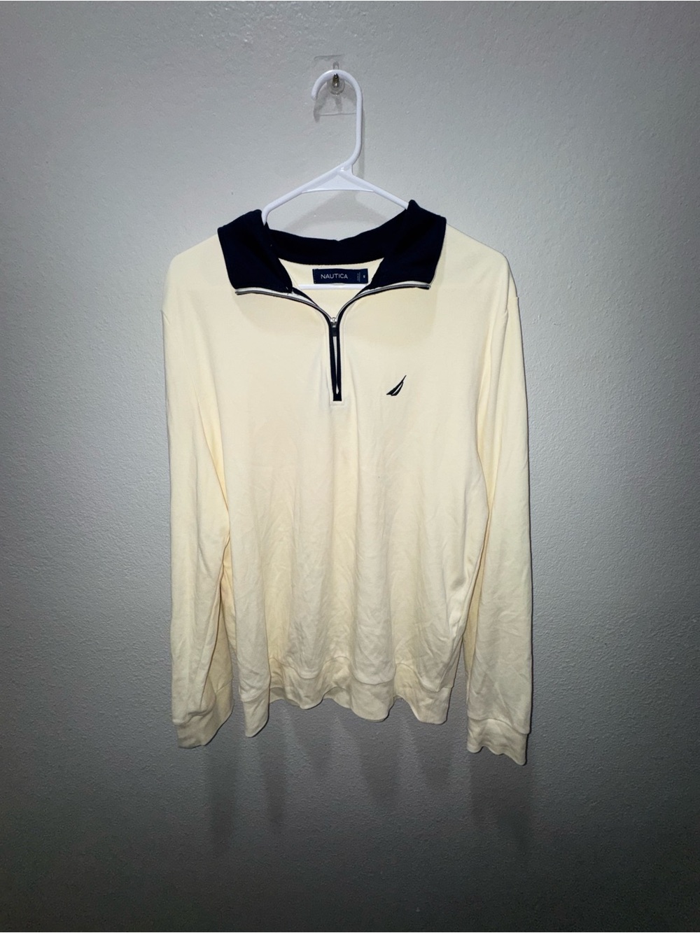 Nautica Men's Cream Quarter-Zip Pullover with Navy Collar